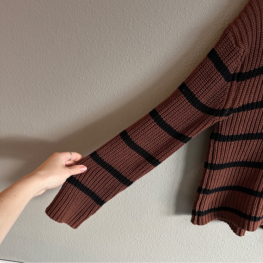 Evereve Brown and Black Striped Mockneck Cotton Sweater Small - Picture 2 of 8